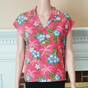 Tommy Bahama Floral Silk Blouse 14 Raspberry Wine Hibiscus Side Button Top
